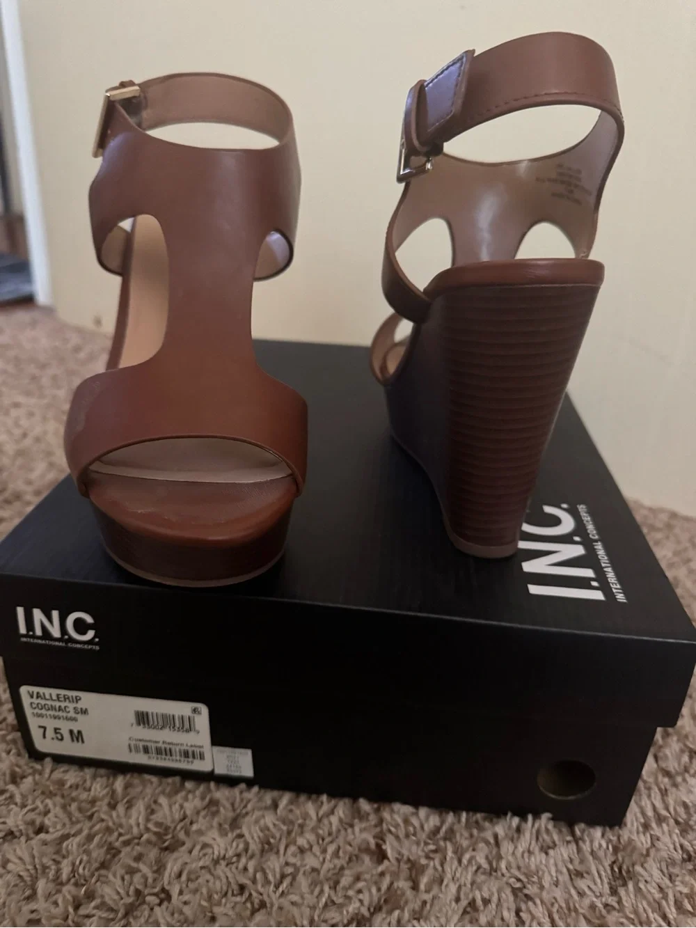 MIA Cognac Brown T-Strap Wedge Sandals